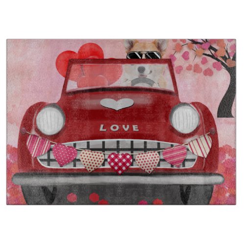 Corgi Dog Driving Car with Hearts Valentines  Cutting Board
