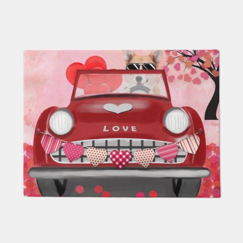 Corgi Dog Driving Car with Hearts Valentines   Doormat