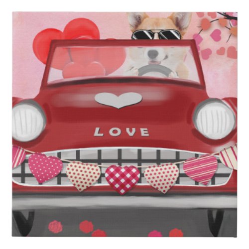 Corgi Dog Driving Car with Hearts Valentines   Faux Canvas Print