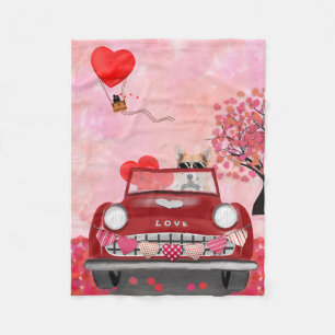 Corgi Dog Driving Car with Hearts Valentine's Fleece Blanket