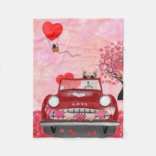 Corgi Dog Driving Car with Hearts Valentines  Fleece Blanket