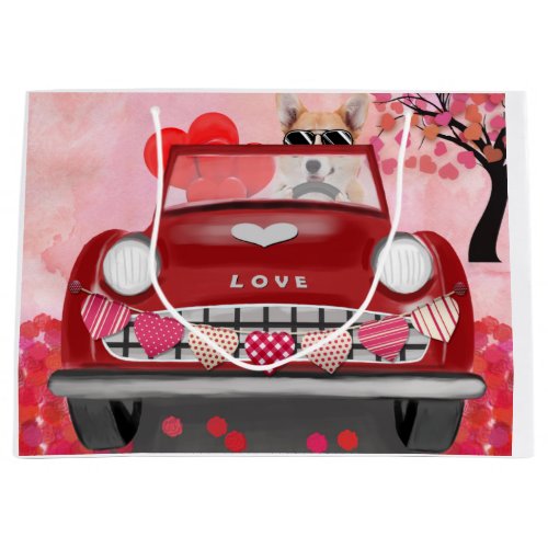 Corgi Dog Driving Car with Hearts Valentines   Large Gift Bag