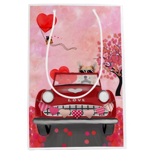 Corgi Dog Driving Car with Hearts Valentines   Medium Gift Bag