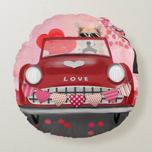 Corgi Dog Driving Car with Hearts Valentines   Round Pillow