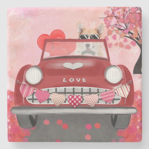 Corgi Dog Driving Car with Hearts Valentines   Stone Coaster