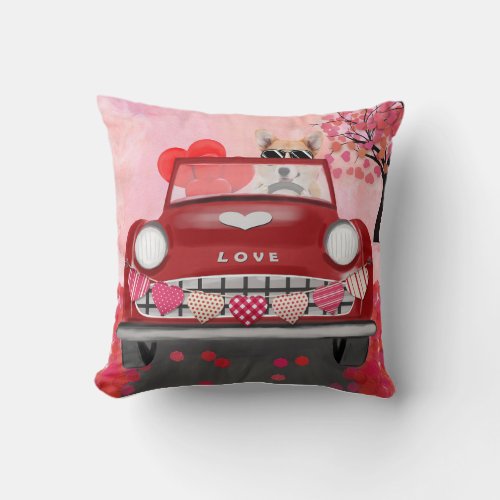 Corgi Dog Driving Car with Hearts Valentines  Throw Pillow