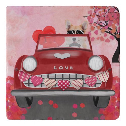 Corgi Dog Driving Car with Hearts Valentines   Trivet