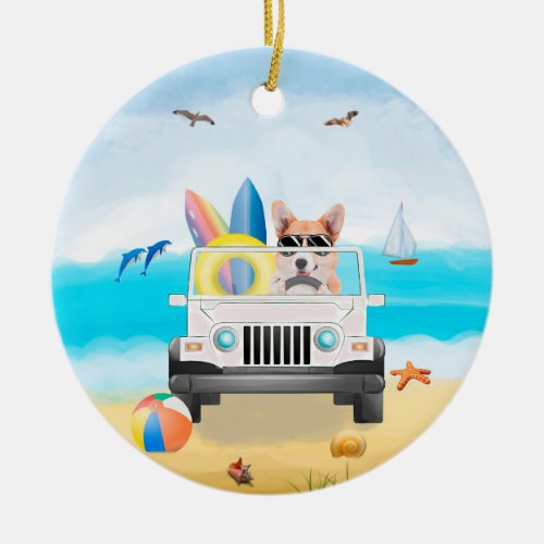 Corgi Dog Driving on Beach  Ceramic Ornament