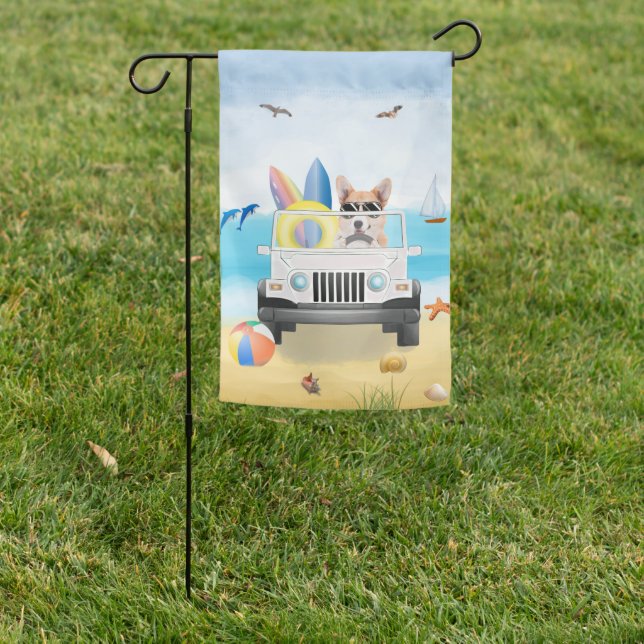 Corgi Dog Driving on Beach  Garden Flag (In SItu)