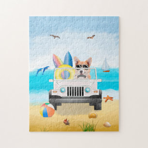 corgi Dog Driving on Beach Jigsaw Puzzle