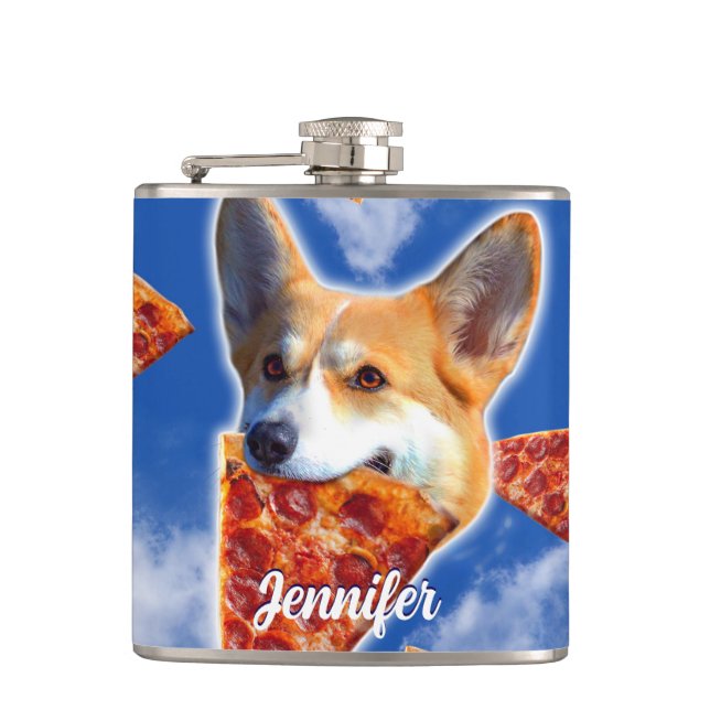 Corgi Dog Eating Pizza                             Flask (Front)