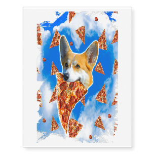 Corgi Dog Eating Pizza - Love Heart Clouds T-Shirt Temporary Tattoos