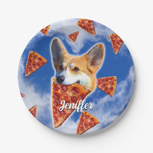 Corgi Dog Eating Pizza                             Paper Plates (Front)