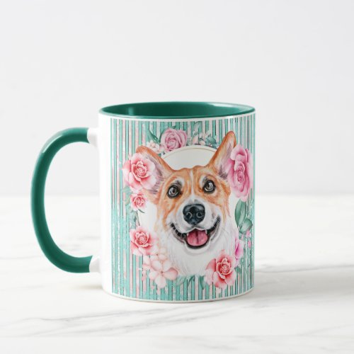 Corgi dog face watercolor illustration pink green mug