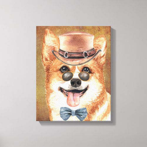 Corgi dog face wearing hat glasses watercolor canvas print