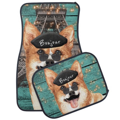 Corgi dog French beret mustache Paris bonjour teal Car Floor Mat