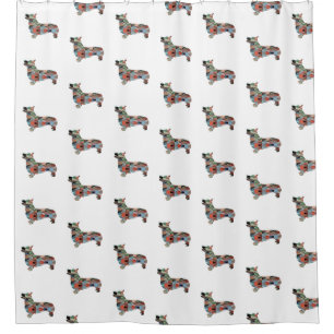 Corgi Dog Geometric Pattern Silhouette Plaid Shower Curtain