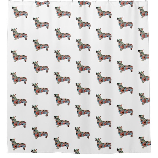 Corgi Dog Geometric Pattern Silhouette Plaid Shower Curtain (Front)