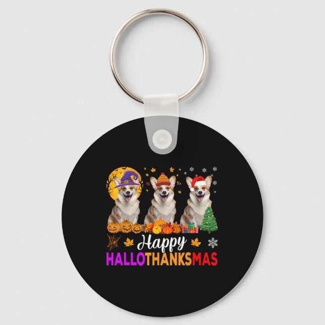 Corgi Dog Halloween Christmas Hallothanksmas  Keychain (Front)