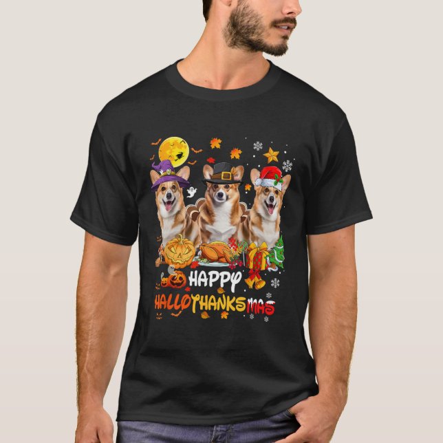 Corgi Dog Happy Halloween Thanksgiving Merry Chris T-Shirt (Front)