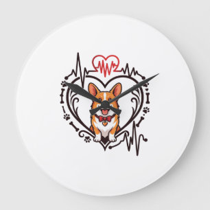 Corgi Dog Heart Heartbeat Ekg Bow Tie Paws Large Clock