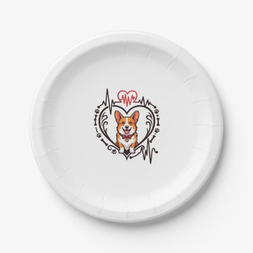 Corgi Dog Heart Heartbeat Ekg Bow Tie Paws Paper Plates