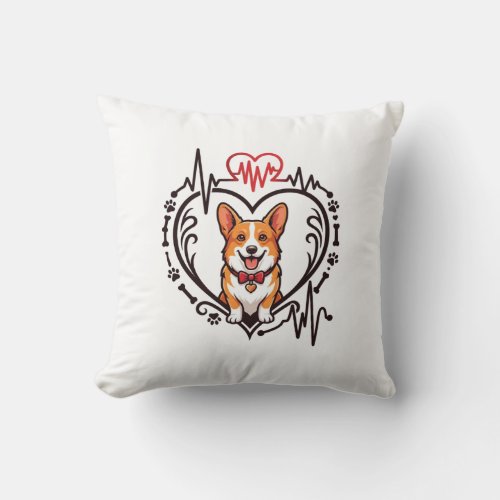 Corgi Dog Heart Heartbeat Ekg Bow Tie Paws Throw Pillow