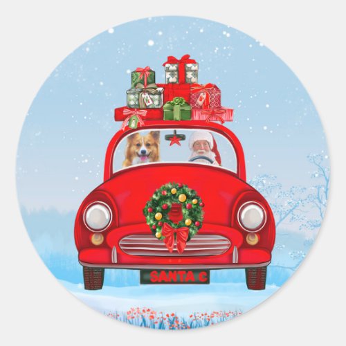 Corgi Dog In Car With Santa Claus Classic Round Sticker