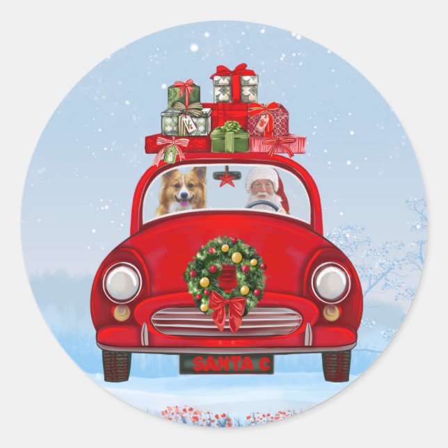 Corgi Dog In Car With Santa Claus Classic Round Sticker (Front)