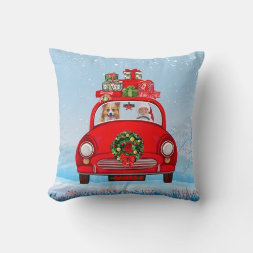 Corgi Dog In Car With Santa Claus  Throw Pillow