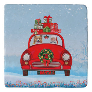 Corgi Dog In Car With Santa Claus Trivet