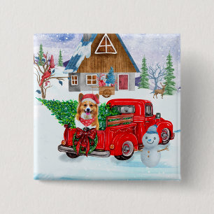 Corgi Dog In Christmas Delivery Truck Snow Button