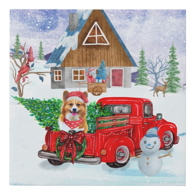 Corgi Dog In Christmas Delivery Truck Snow Faux Canvas Print (Front)