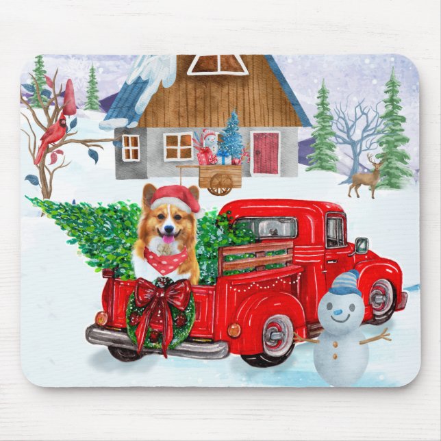 Corgi Dog In Christmas Delivery Truck Snow Mouse Pad (Front)
