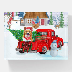 Corgi Dog In Christmas Delivery Truck Snow Paperweight