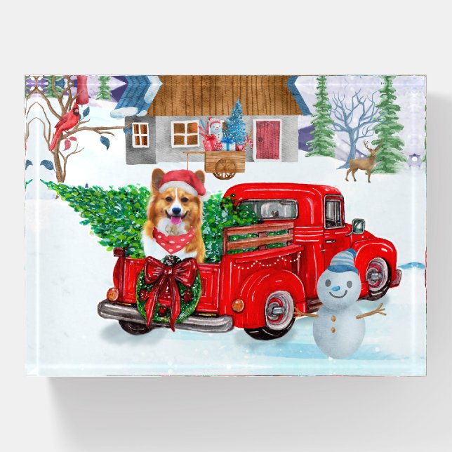Corgi Dog In Christmas Delivery Truck Snow Paperweight (Front)