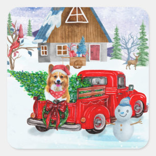 Corgi Dog In Christmas Delivery Truck Snow Square Sticker