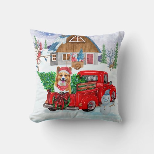 Corgi Dog In Christmas Delivery Truck Snow  Throw Pillow