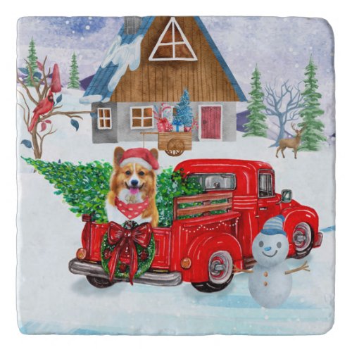 Corgi Dog In Christmas Delivery Truck Snow Trivet