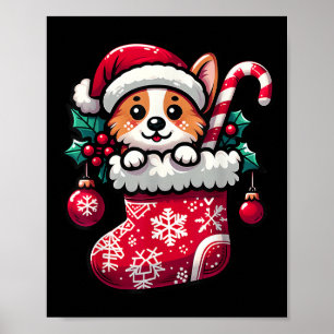 Corgi Dog In Christmas Stocking With Santa Hat Xma Poster