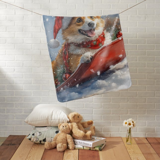 Corgi Dog in Sledge Let it Snow Christmas Baby Blanket (In Situ)