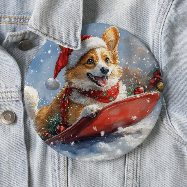 Corgi Dog in Sledge Let it Snow Christmas Button (In Situ)