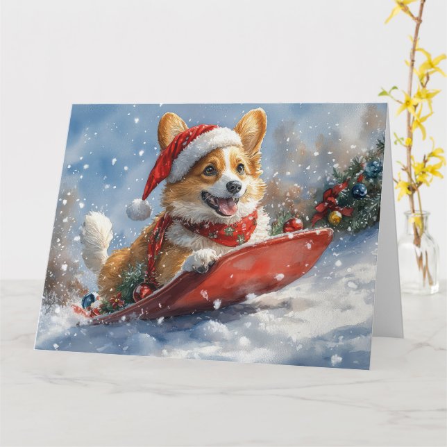 Corgi Dog in Sledge Let it Snow Christmas Card (Yellow Flower)