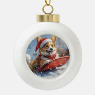 Corgi Dog in Sledge Let it Snow Christmas Ceramic Ball Christmas Ornament