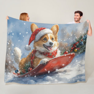 Corgi Dog in Sledge Let it Snow Christmas Fleece Blanket
