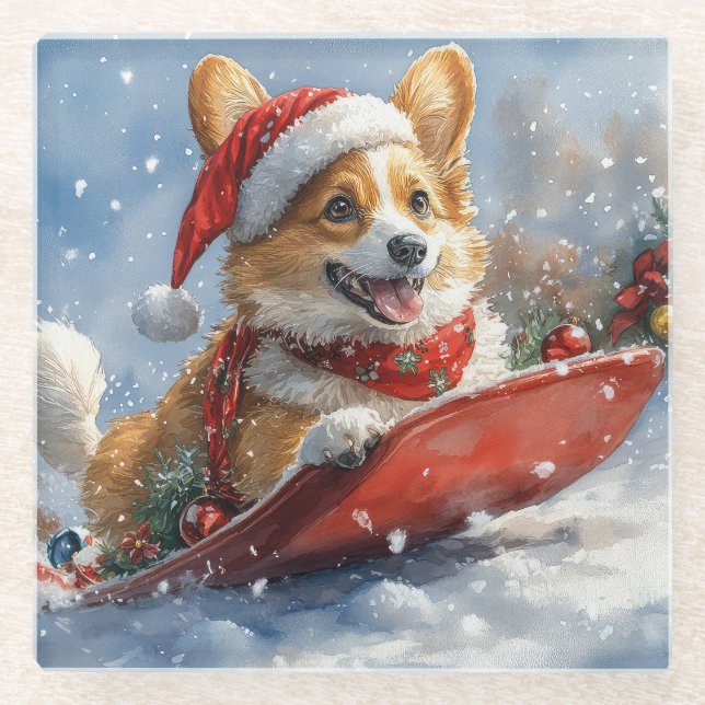 Corgi Dog in Sledge Let it Snow Christmas Glass Coaster (Front)