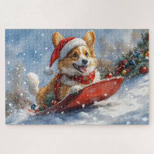 Corgi Dog in Sledge Let it Snow Christmas Jigsaw Puzzle
