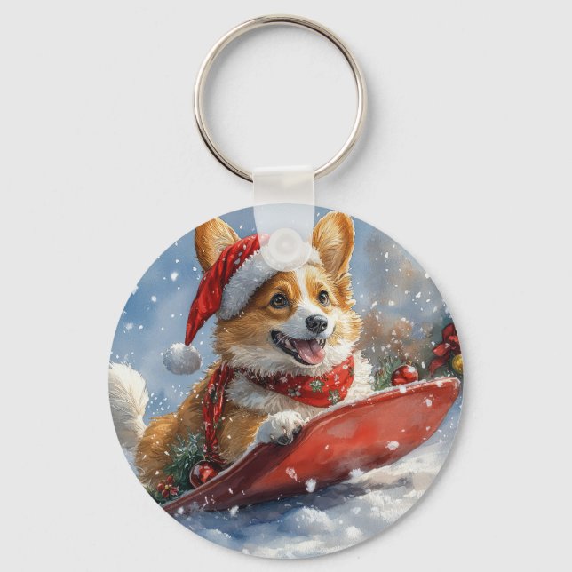 Corgi Dog in Sledge Let it Snow Christmas Keychain (Front)