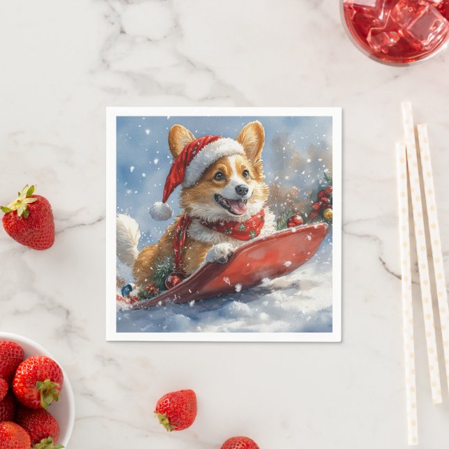 Corgi Dog in Sledge Let it Snow Christmas Napkins (Insitu)
