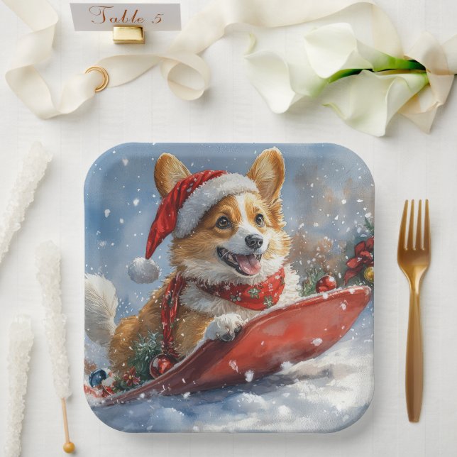 Corgi Dog in Sledge Let it Snow Christmas Paper Plates (Wedding)